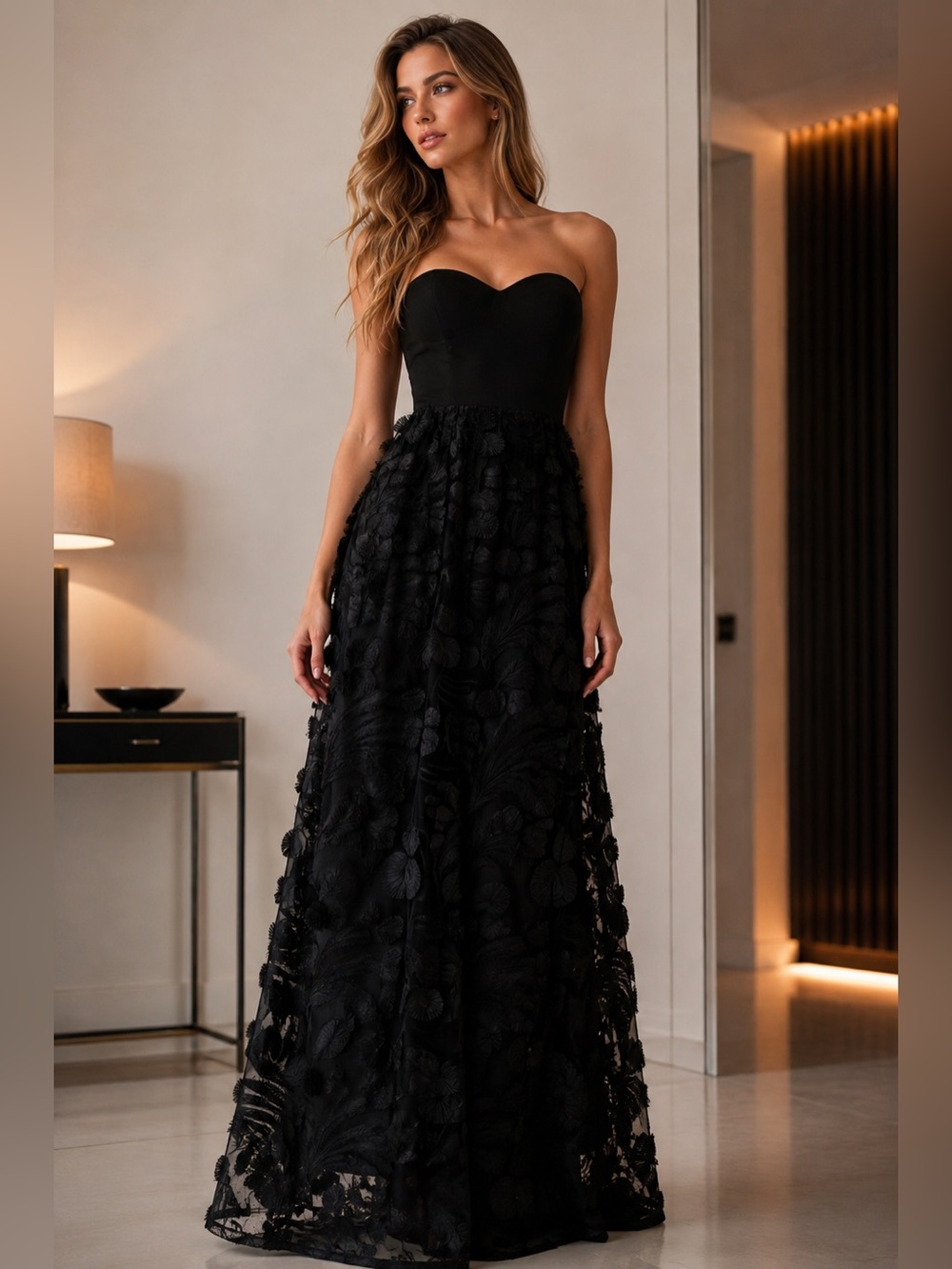 ROMAN Black Strapless 3D Floral Appliqué Textured Maxi Evening Gown Size 38